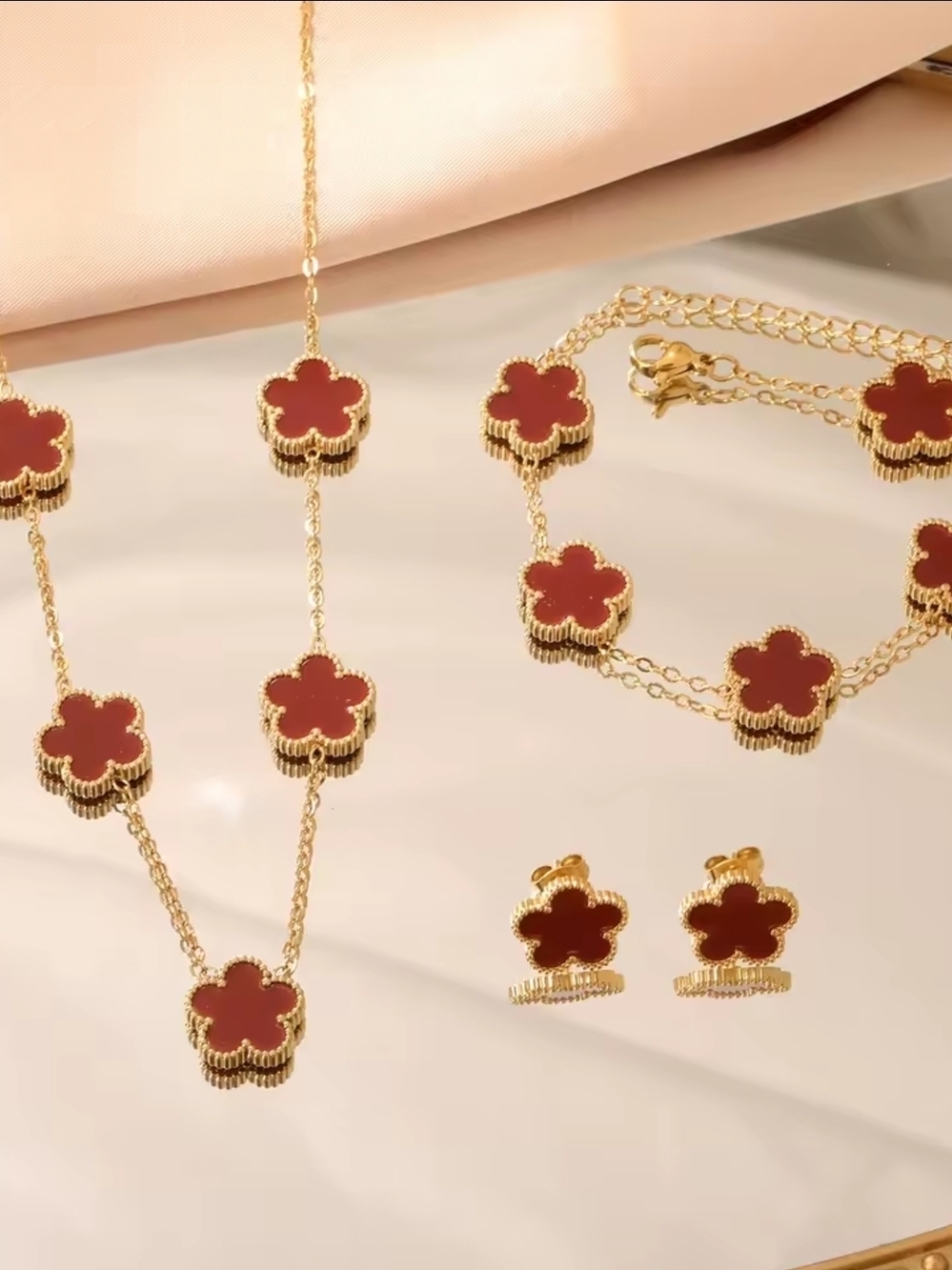 Gold-Tone Necklace Bracelet & Stud Set with Red Clover Motifs